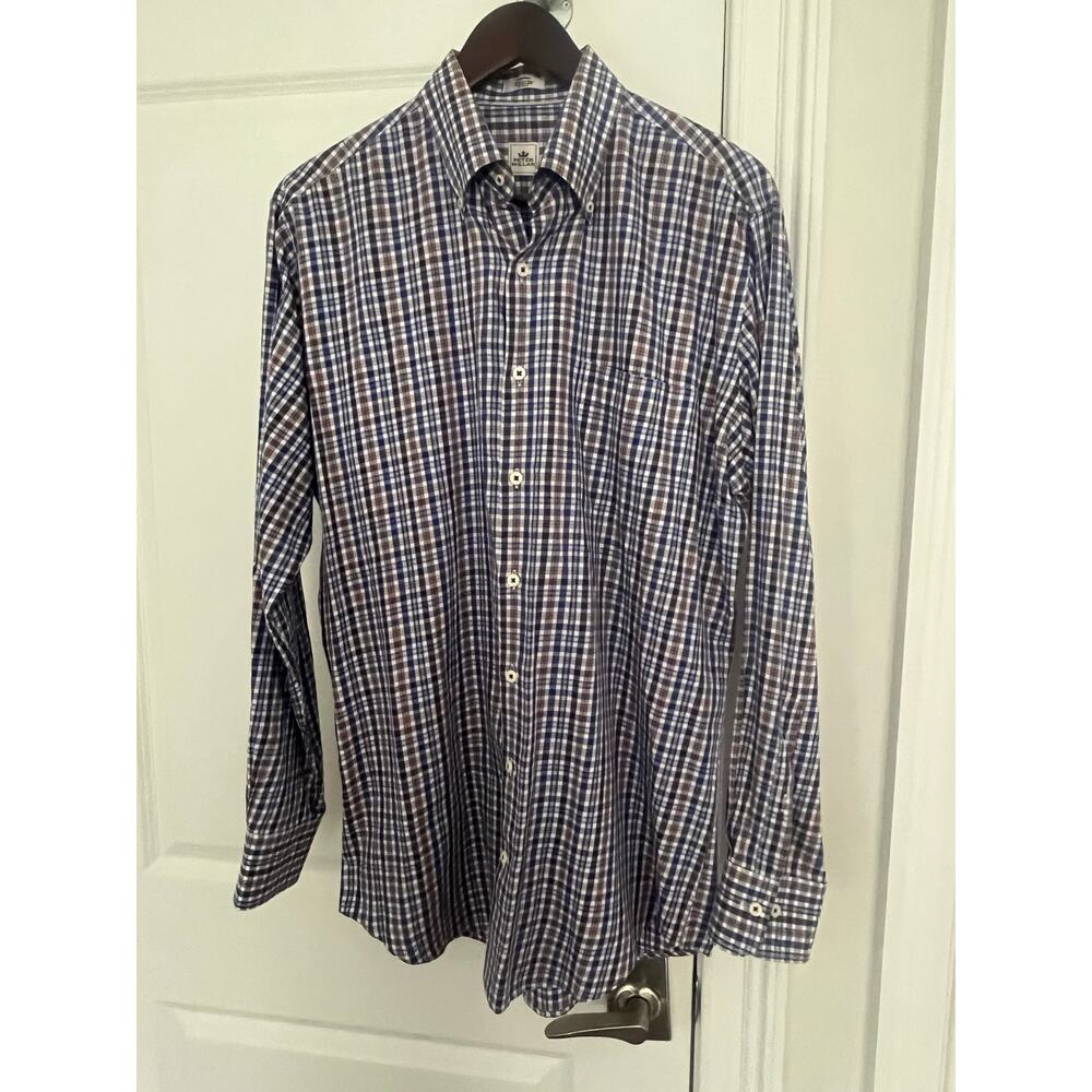 Peter Millar BlueBrown  Button Up Shirt Mens Sz. M Cotton Plaid Long Sleeve